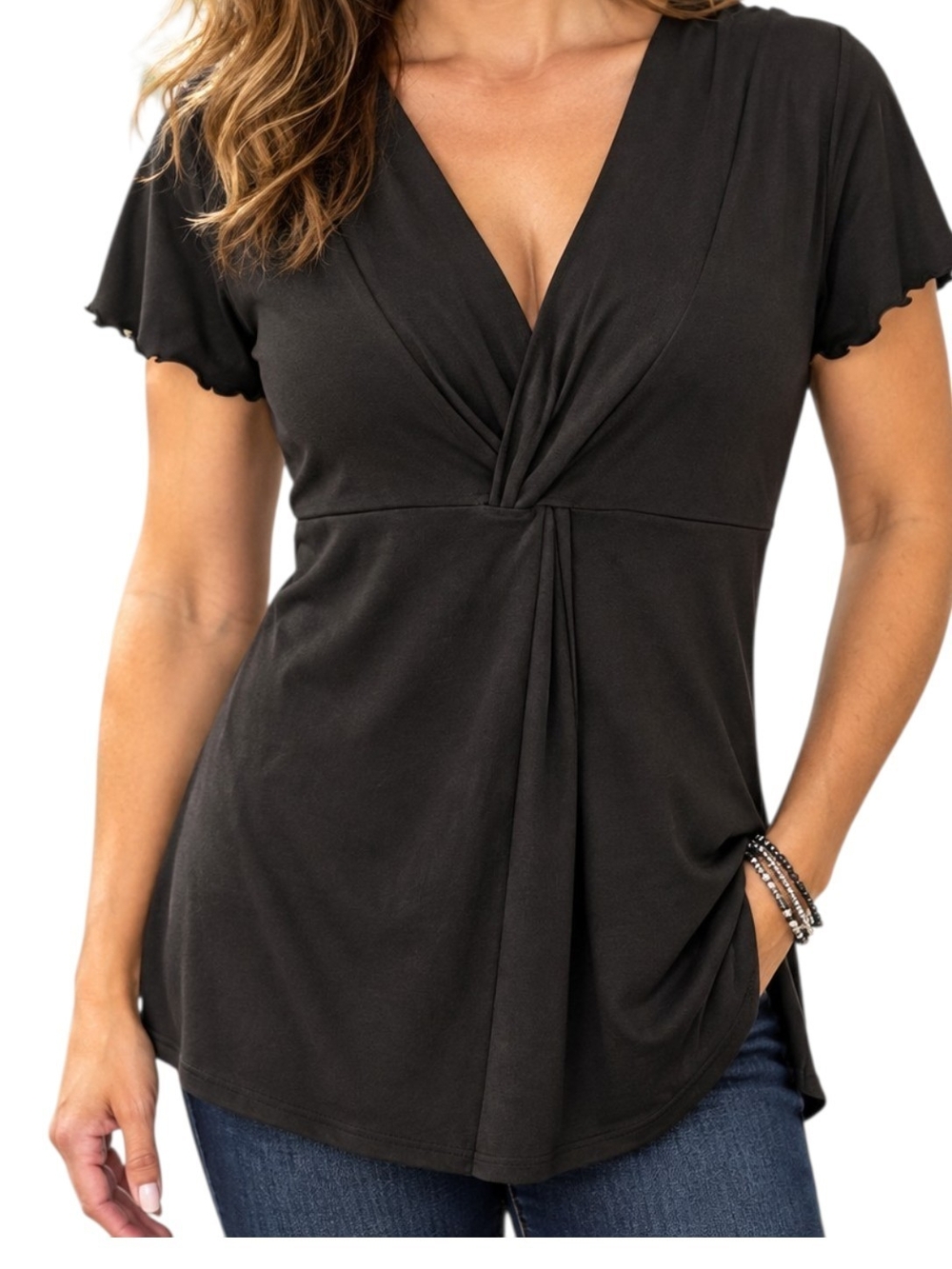 VINTAGE Liz Claiborne Twist Front V-Neck Top Brown Flutter Sleeve Medium